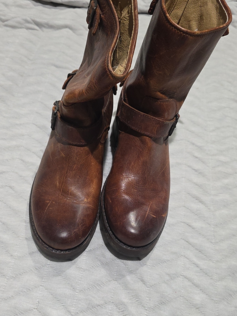 Frye Brown Leather Engineer Boots with Buckle Strap